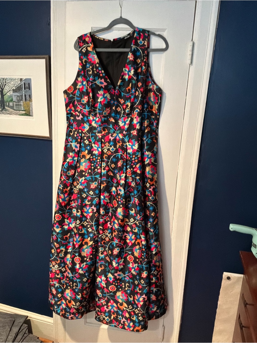 eshakti Black Floral V-Neck A-Line Dress with Multicolor Print
